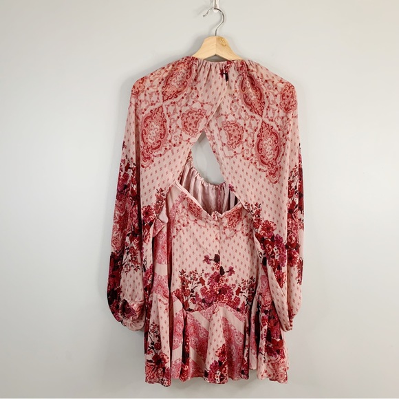 Free People Womens Seven Wonders Mini Dress Pink Floral Boho Open Back Large L - Picture 2 of 11